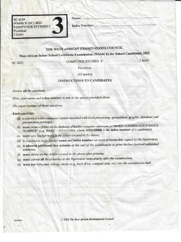 Waec Computer Studies 3 2022 PDF