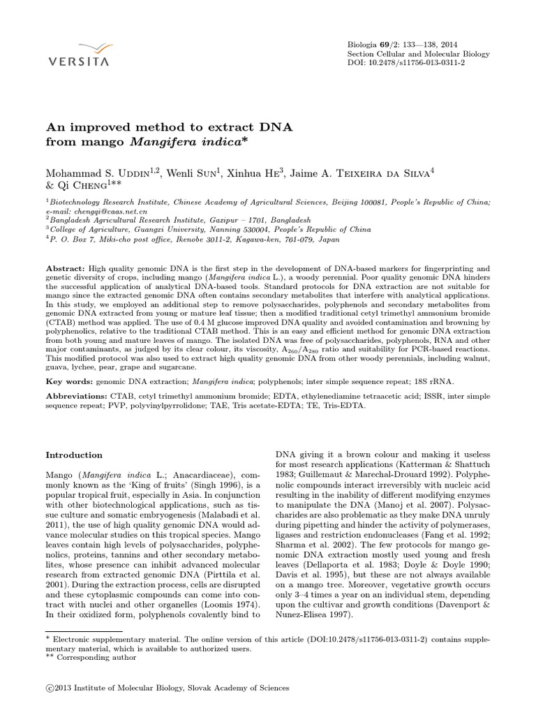Improved DNA Extraction Method for Mango | PDF | Agarose Gel ...