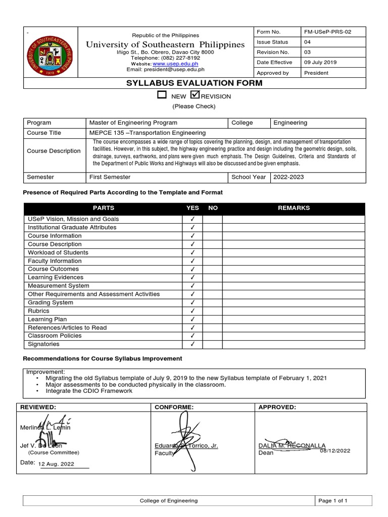Transportation Engineering Course Syllabus | PDF | Engineering | Road