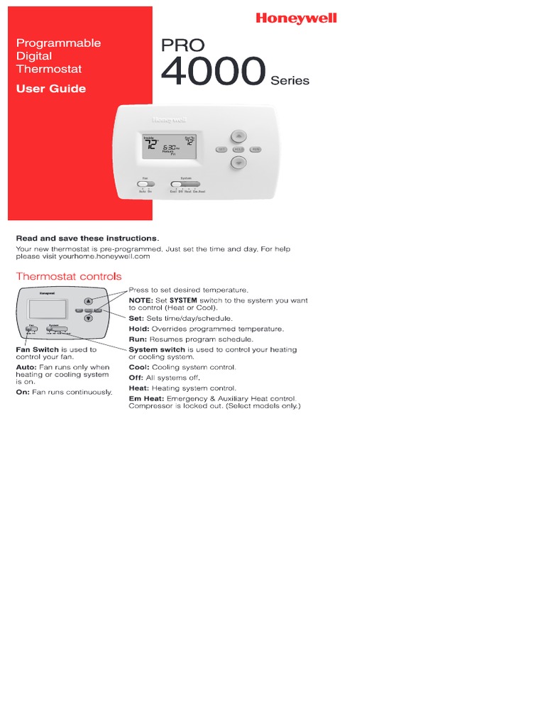 Honeywell 4000 Pro Series Digital Thermostat PDF