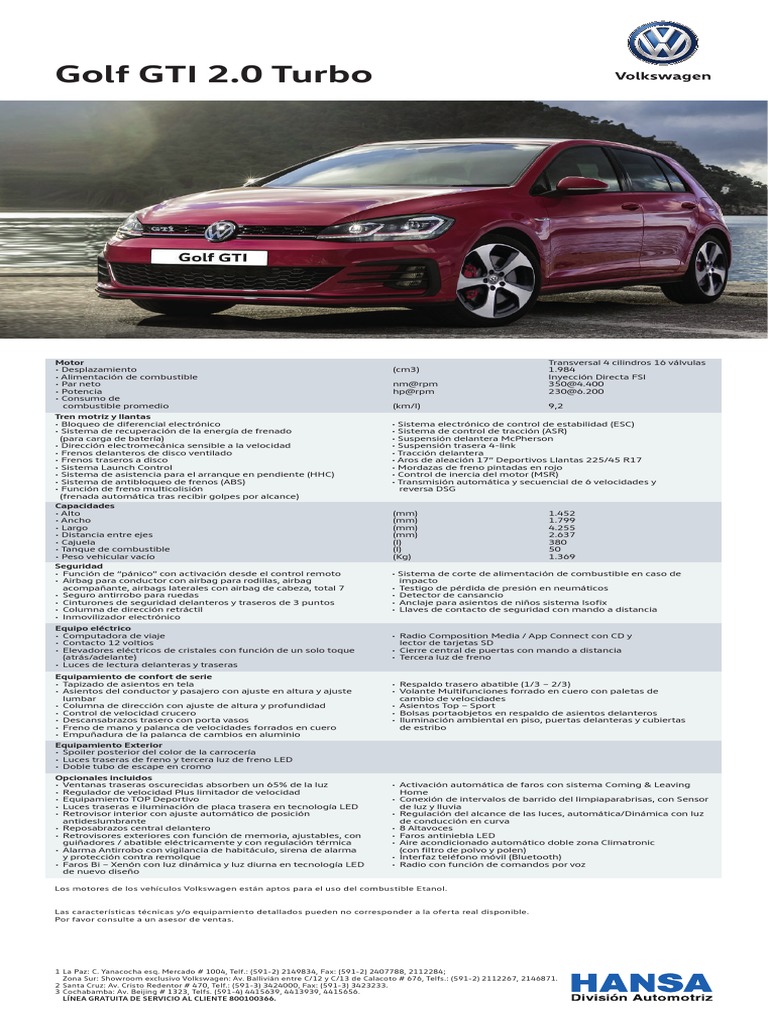 Ficha Tecnica GolfGti PDF Airbag Sistema de freno antibloqueo