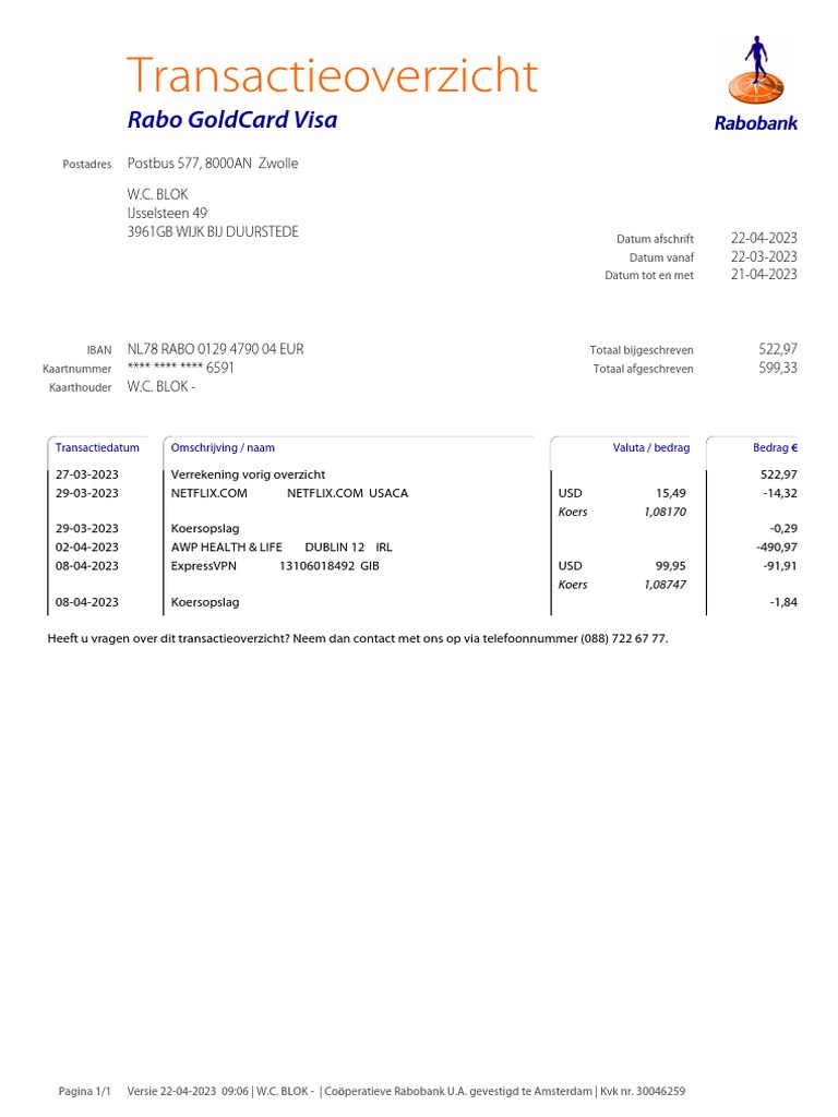 Transactieoverzicht: Rabo Goldcard Visa | PDF