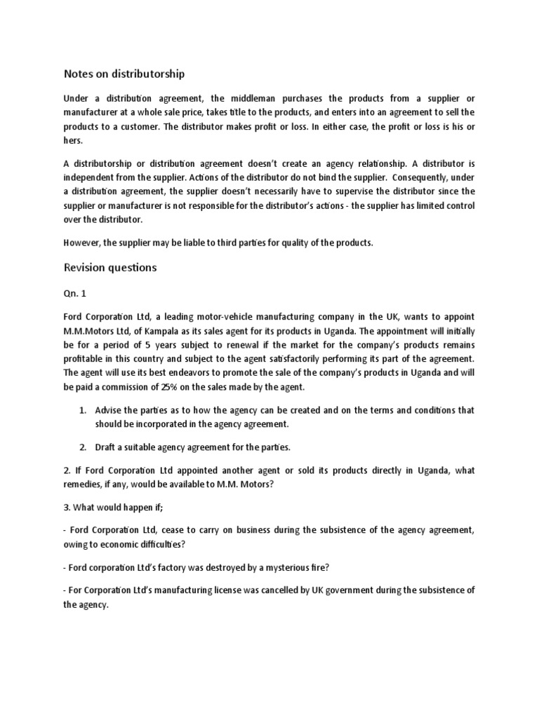 LAW Some Points On Distributorship and Agency Revision Questions PDF