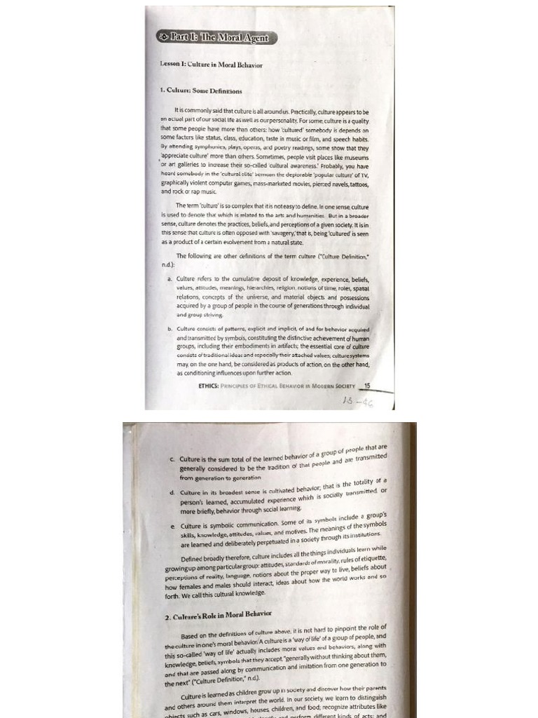 Part 1 The Moral Agent Lesson 1 Culture in Moral Behavior | PDF