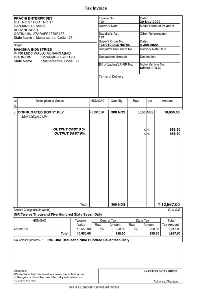 Tax Invoice for Corrugated Boxes | PDF