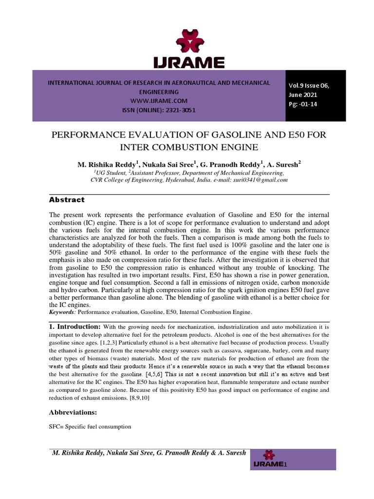 Performance Evaluation of Gasoline and E50 For Inter Combustion Engine ...