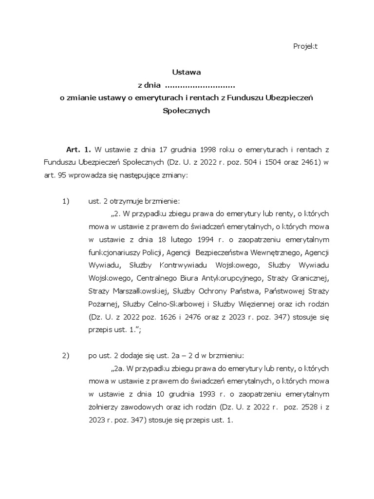 Ustawa Z Dnia . o Zmianie Ustawy o Emeryturach I Rentach Z Funduszu