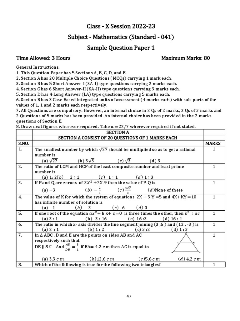 Class - X Session 2022-23 Subject - Mathematics (Standard - 041) Sample ...