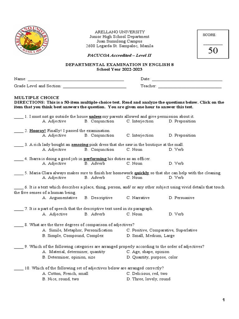 Departmental Exam in ENGLISH 8 PDF Speech Adverb