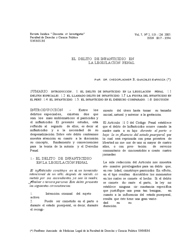 Infanticidio en la Legislación Penal Peruana | PDF | Homicidio ...