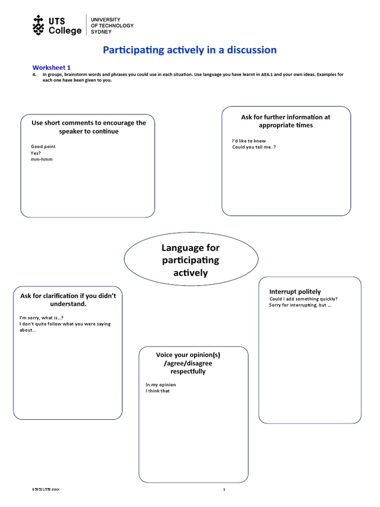 AE4.1 Participating Actively in A Discussion - Worksheet 1 | PDF