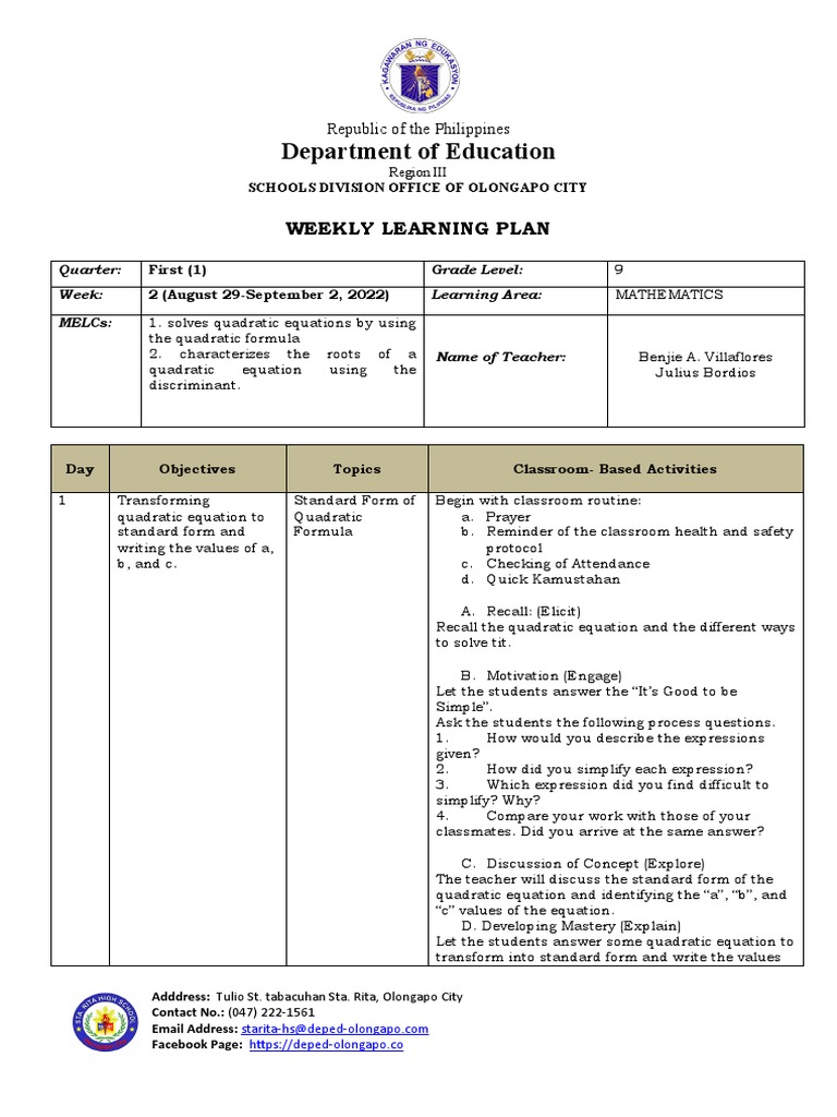 Grade 9 Math Weekly Learning Plan | PDF | Quadratic Equation | Equations