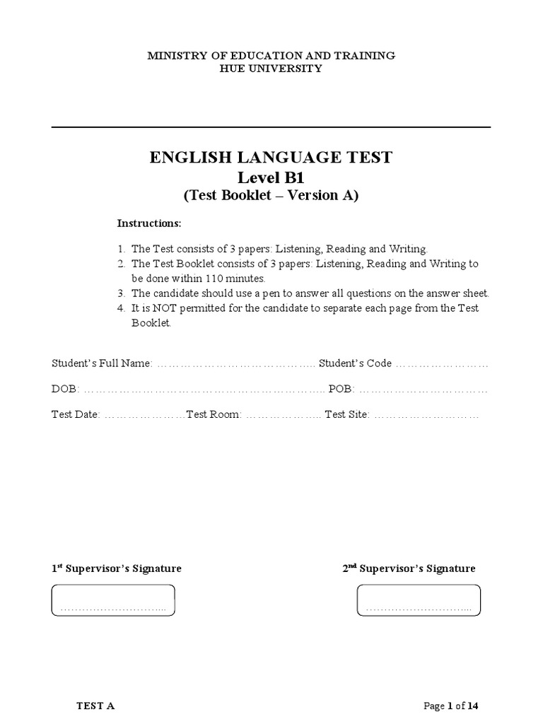 English Language Test Level B1: (Test Booklet - Version A) | PDF