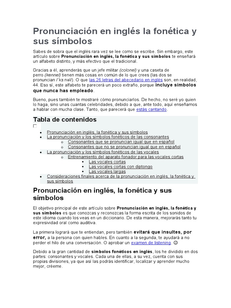 Pronunciación En Inglés La Fonética Y Sus Símbolos Pdf Idioma En