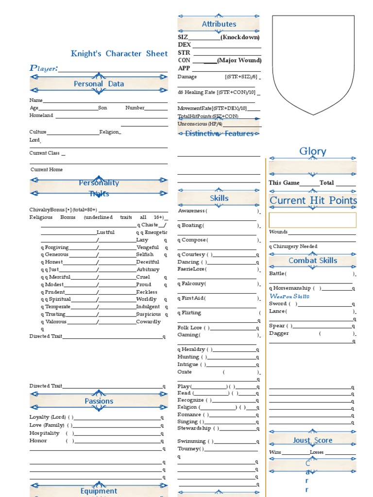 King Arthur Pendragon 5 2 Regionless Character Sheet | PDF