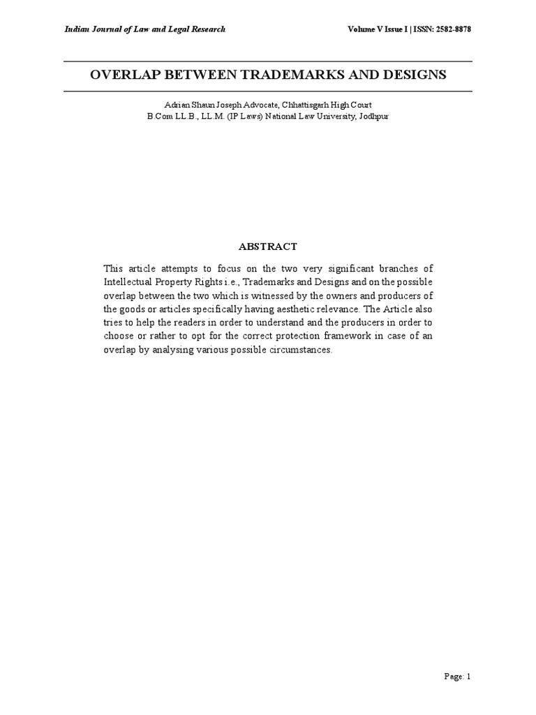 Overlap Between Trademarks and Designs PDF | PDF | Trademark | Justice - Require Overlap Inclusion Operation Trademark Claimed Likelihood Analysis