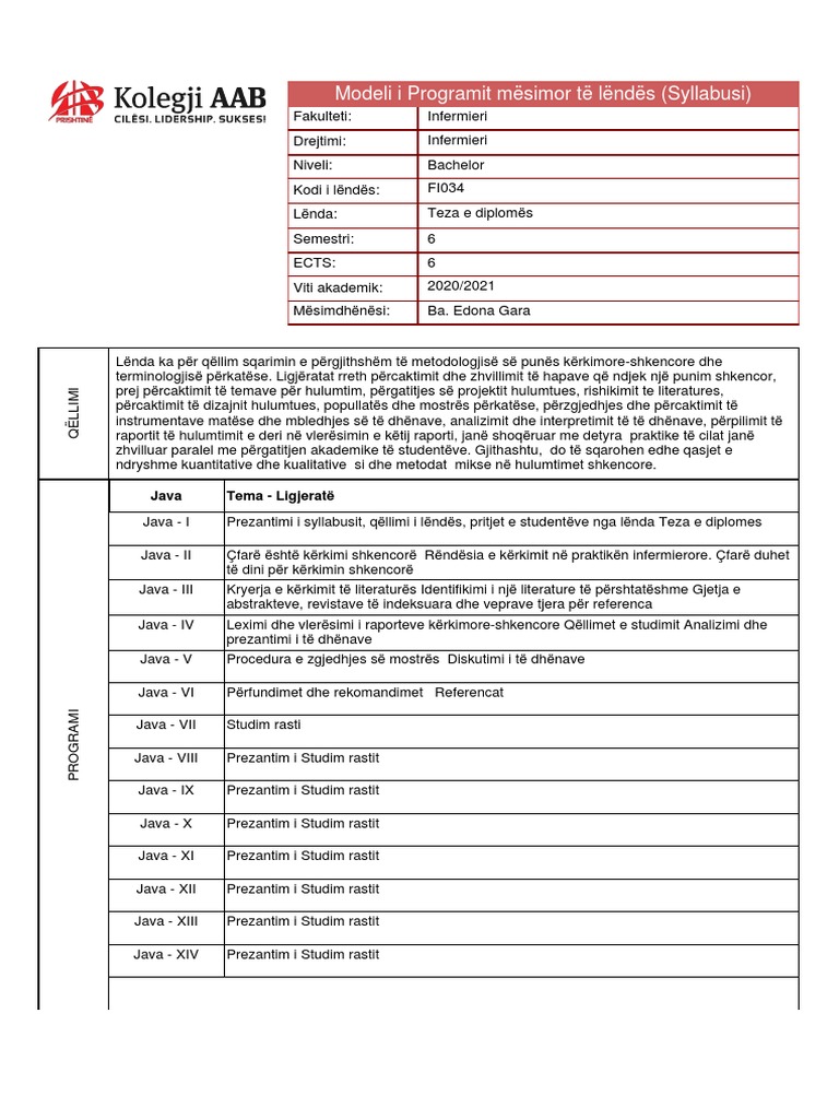 Modeli I Programit Mësimor Të Lëndës (Syllabusi) | PDF