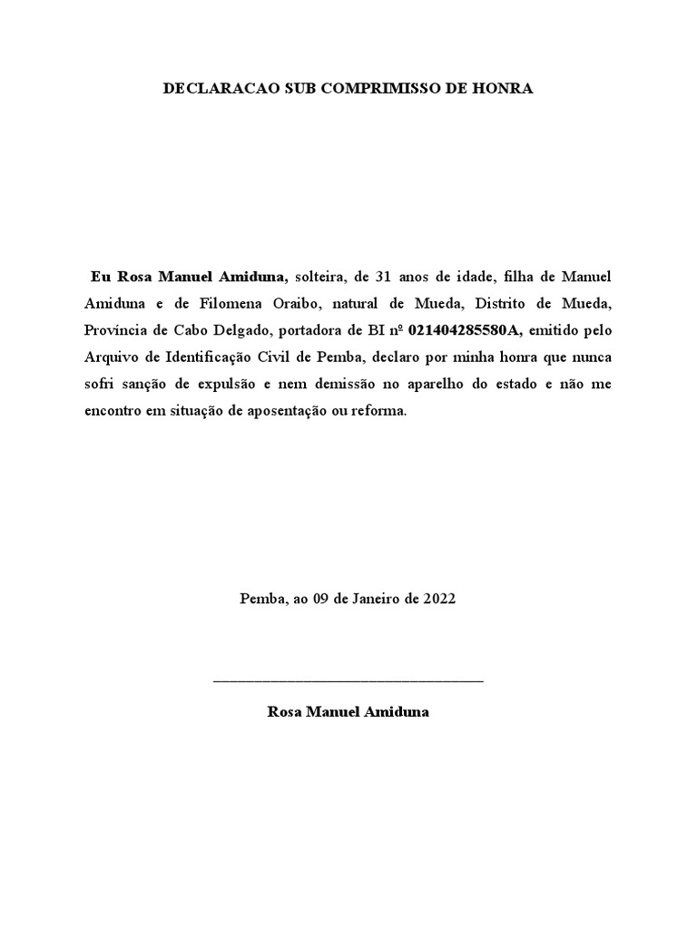 Declaracao de Comprimisso de Honra | PDF