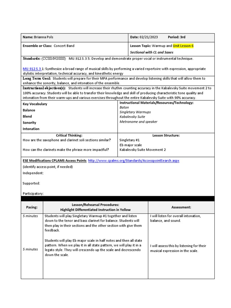 Lesson Plan Concert Band Feb 21 PDF