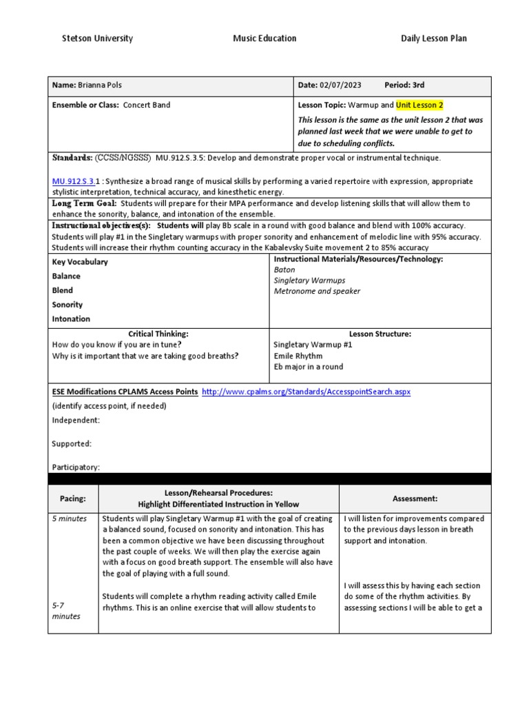 Lesson Plan Concert Band Feb 2 Lesson 2 PDF