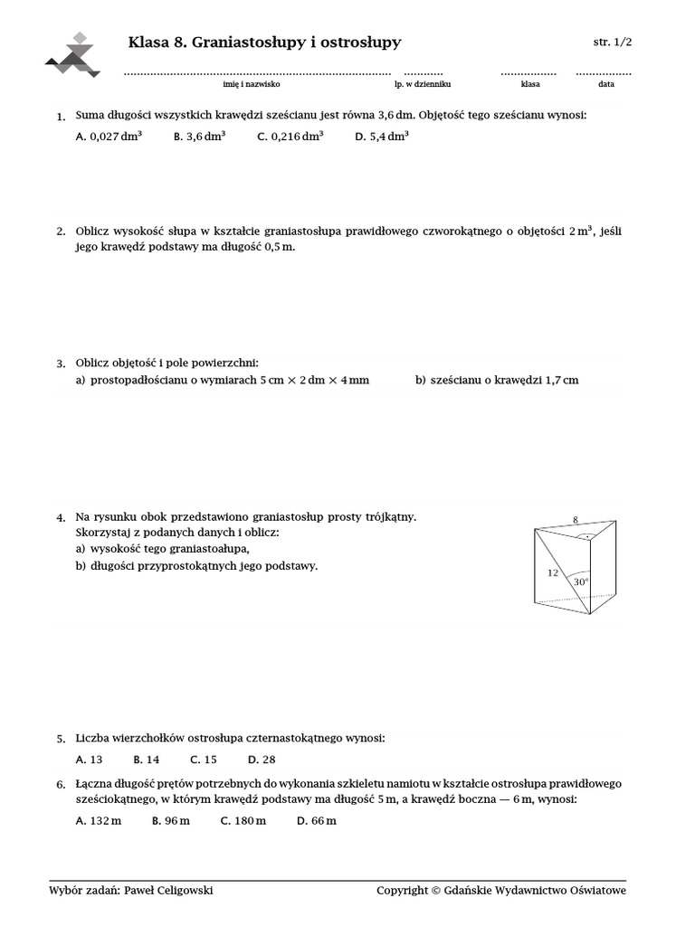 Graniastosłupy I Ostrosłupy Sprawdzian Klasa 8 Pdf Gwo Klasa 8. Graniastosłupy I Ostrosłupy: Imię I Nazwisko Lp. W Dzienniku