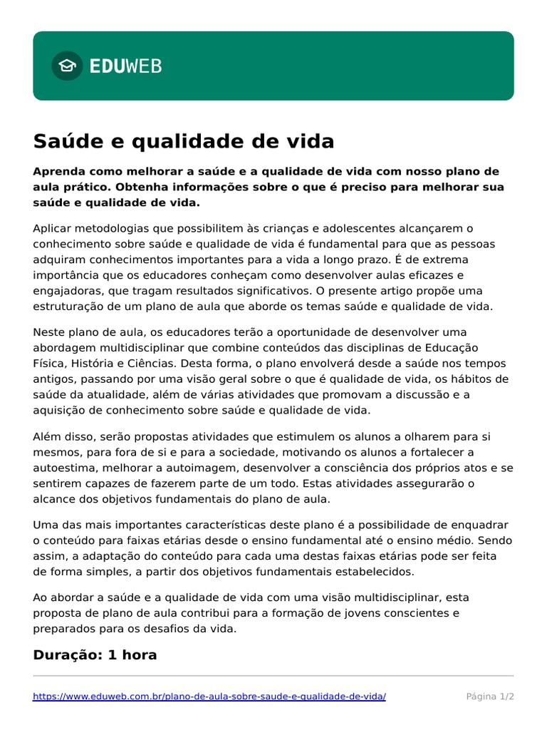 Plano de Aula Sobre Saude e Qualidade de Vida | PDF ...