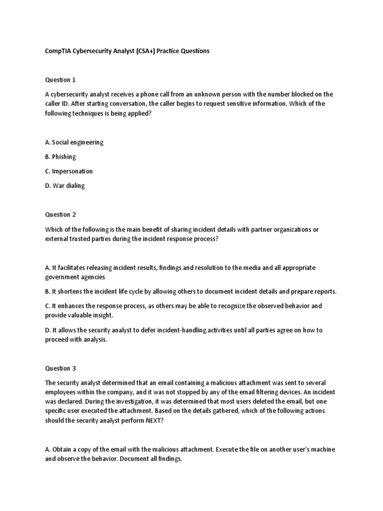 Practice Questions For CompTIA Cybersecurity Analyst+ (CS0-001) | PDF ...