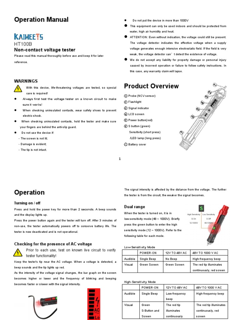 Kaiweets HT100B Voltage Tester Manual | PDF