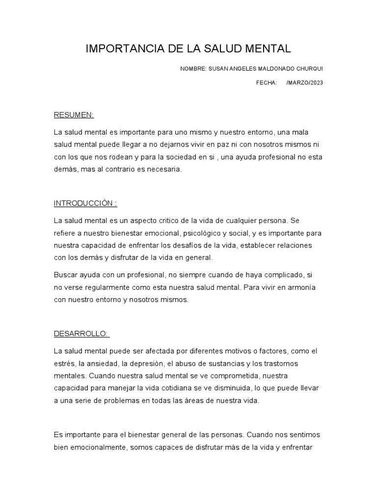 Importancia de la Salud Mental | PDF | Salud mental | Mente