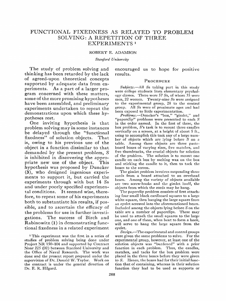 Functional Fixedness in Problem Solving | PDF
