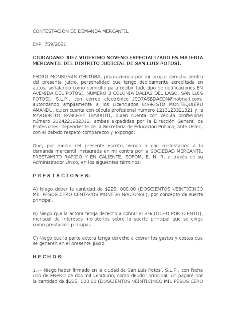 Contestación de Demanda Mercantil | PDF | Derecho