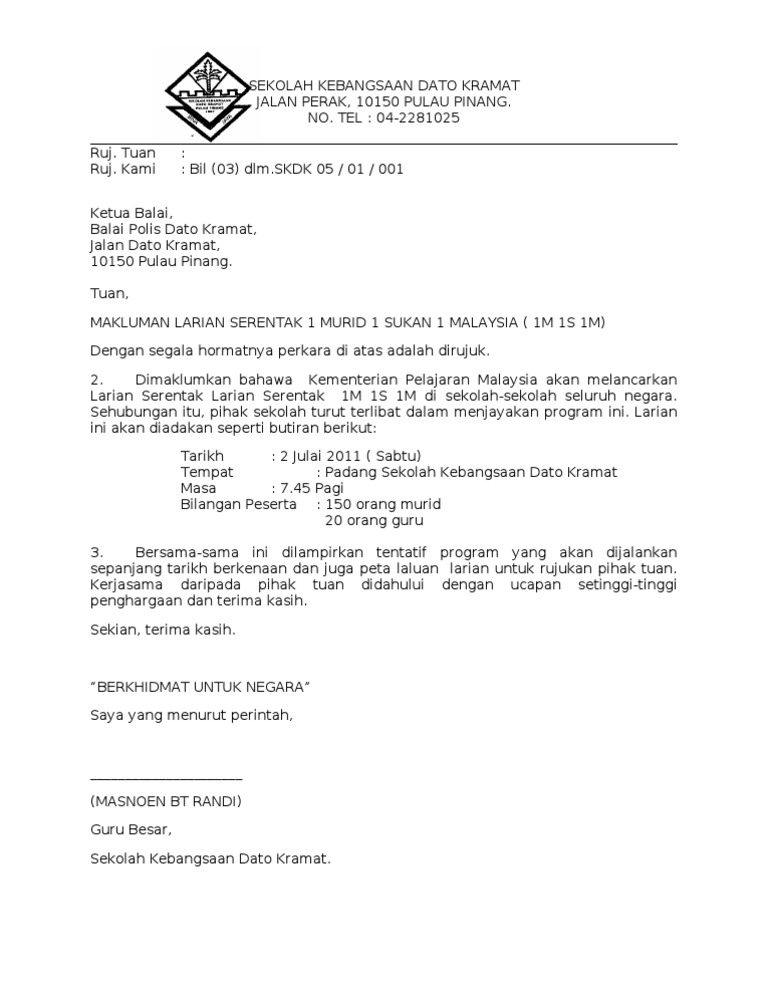 Contoh Surat Rasmi Makluman Program