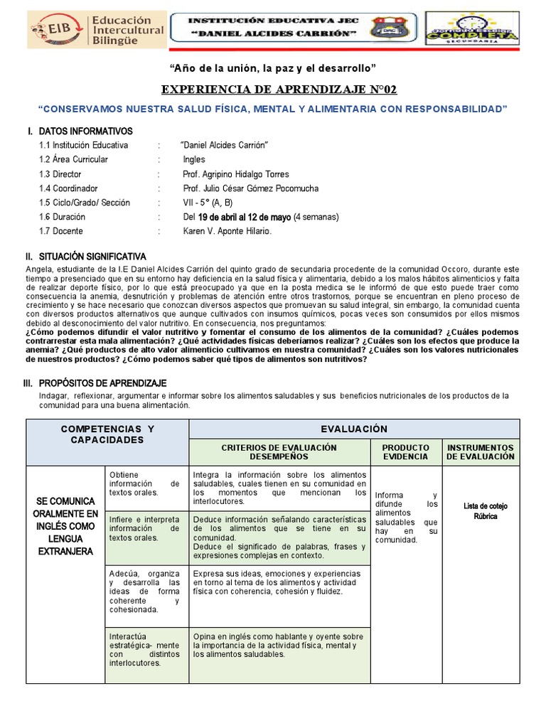 Eda 2 - Ingles 5° Grado | PDF | Aprendizaje | Evaluación