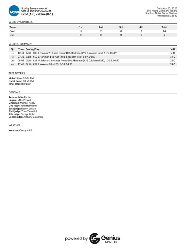 2023 NDFB Blue Gold Game Final Stats PDF Football Codes Team Sports