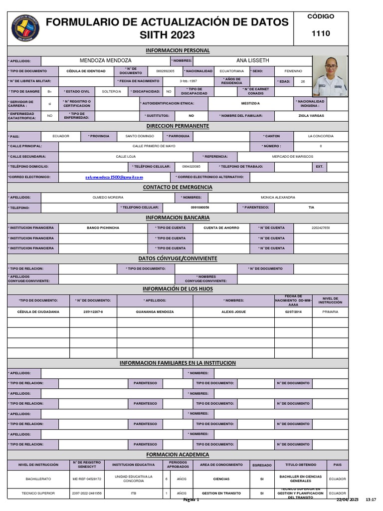 Formulario de actualizaci n de datos siith 2023 informacion personal pdf