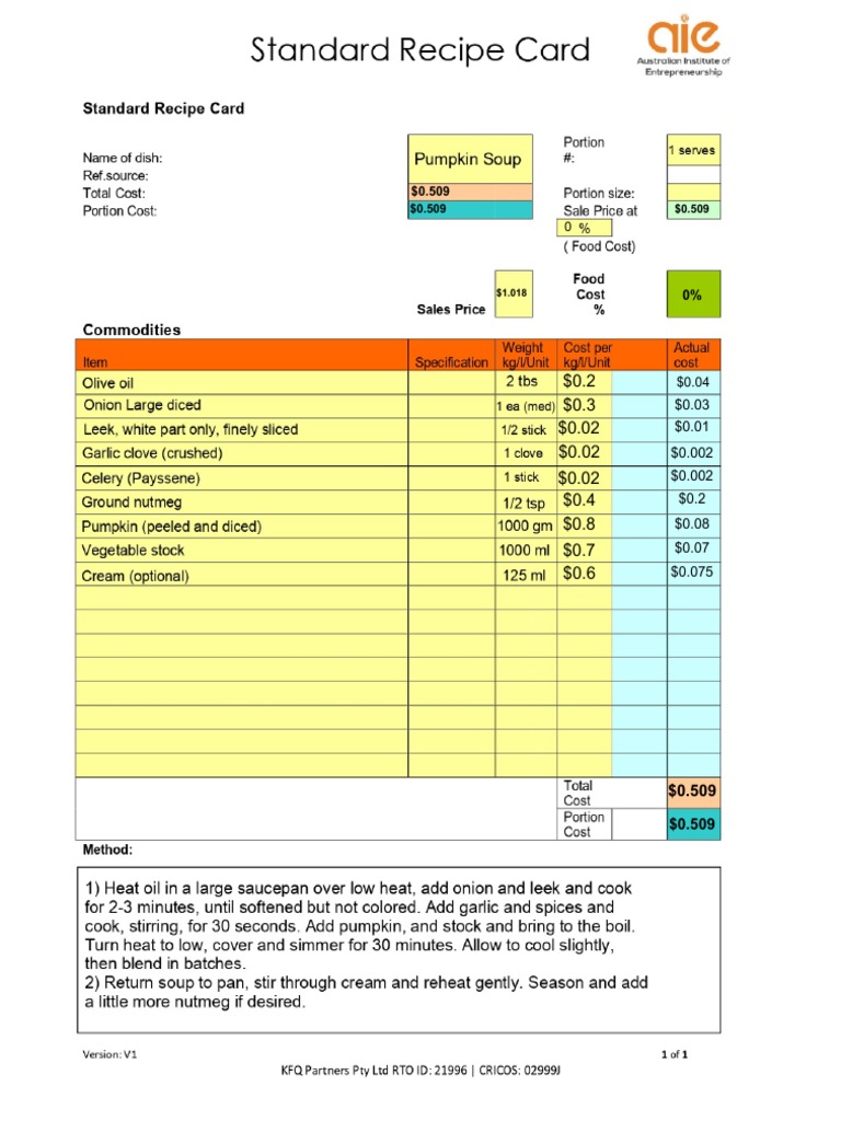 Standard Recipe Cards PDF