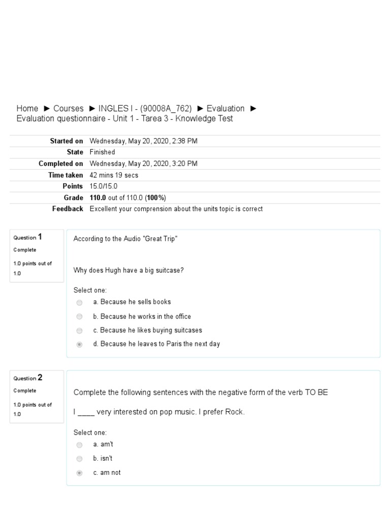 Evaluation Questionnaire - Unit 1 - Tarea 3 - Knowledge Test | PDF