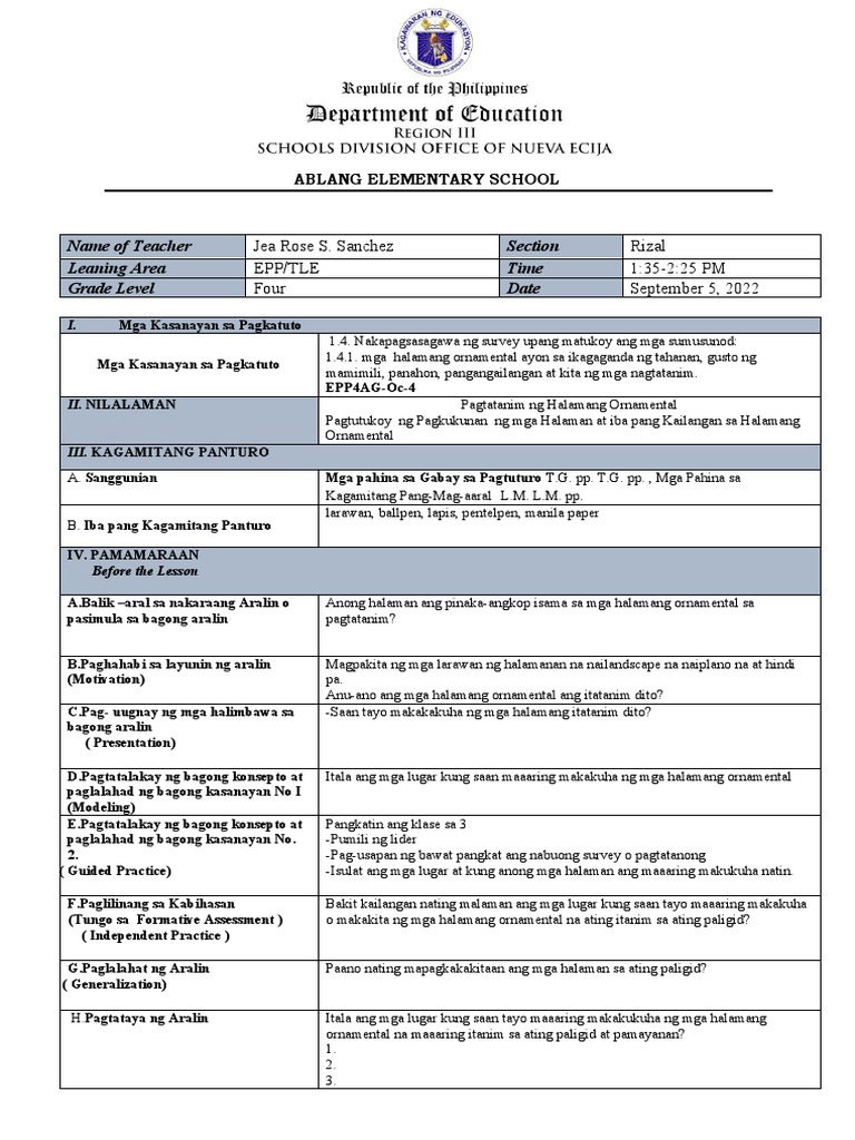 Name of Teacher Section Leaning Area Time Grade Level Date | PDF