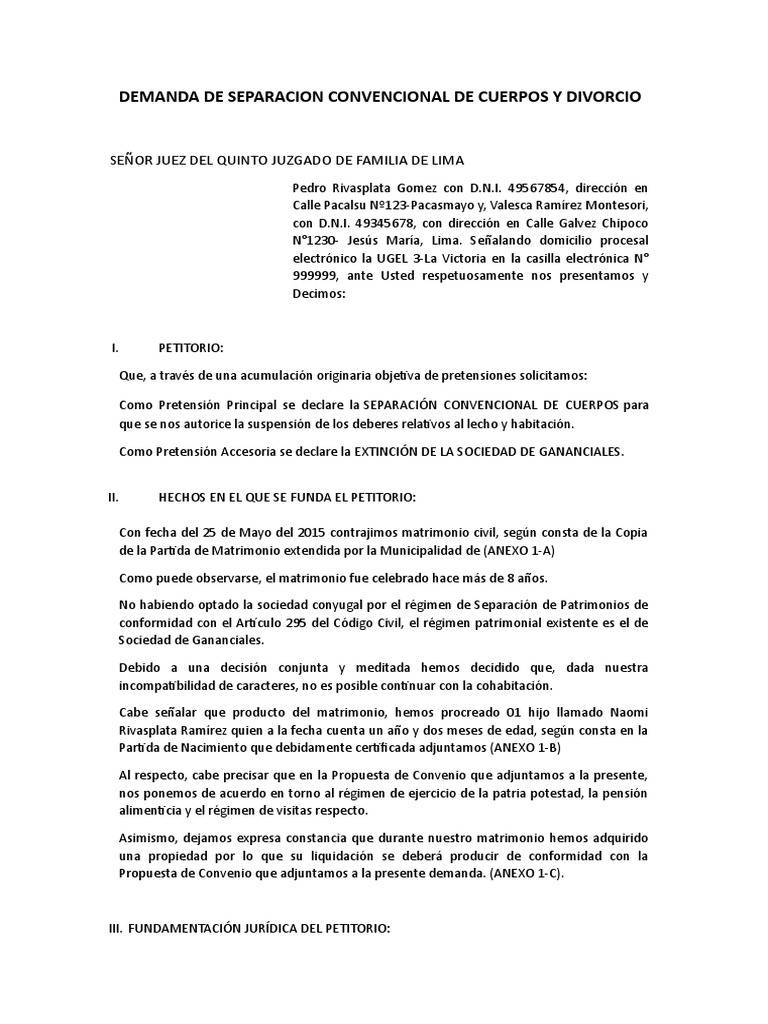 Demanda de Separacion Convencional de Cuerpos Y Divorcio Señor Juez