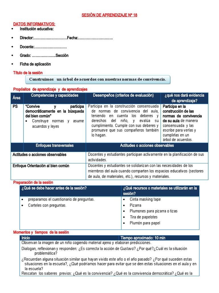 Sesión de Aprendizaje Normas de Convivencia | PDF