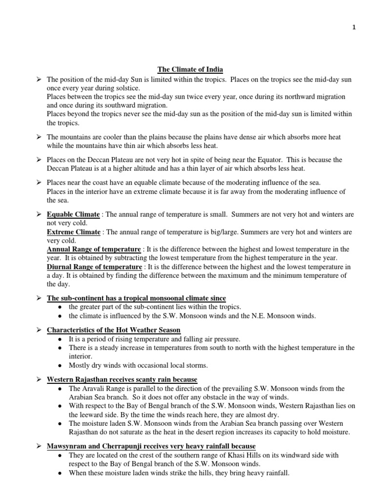 Climate Notes Icse | PDF | Monsoon | Temperate Climate