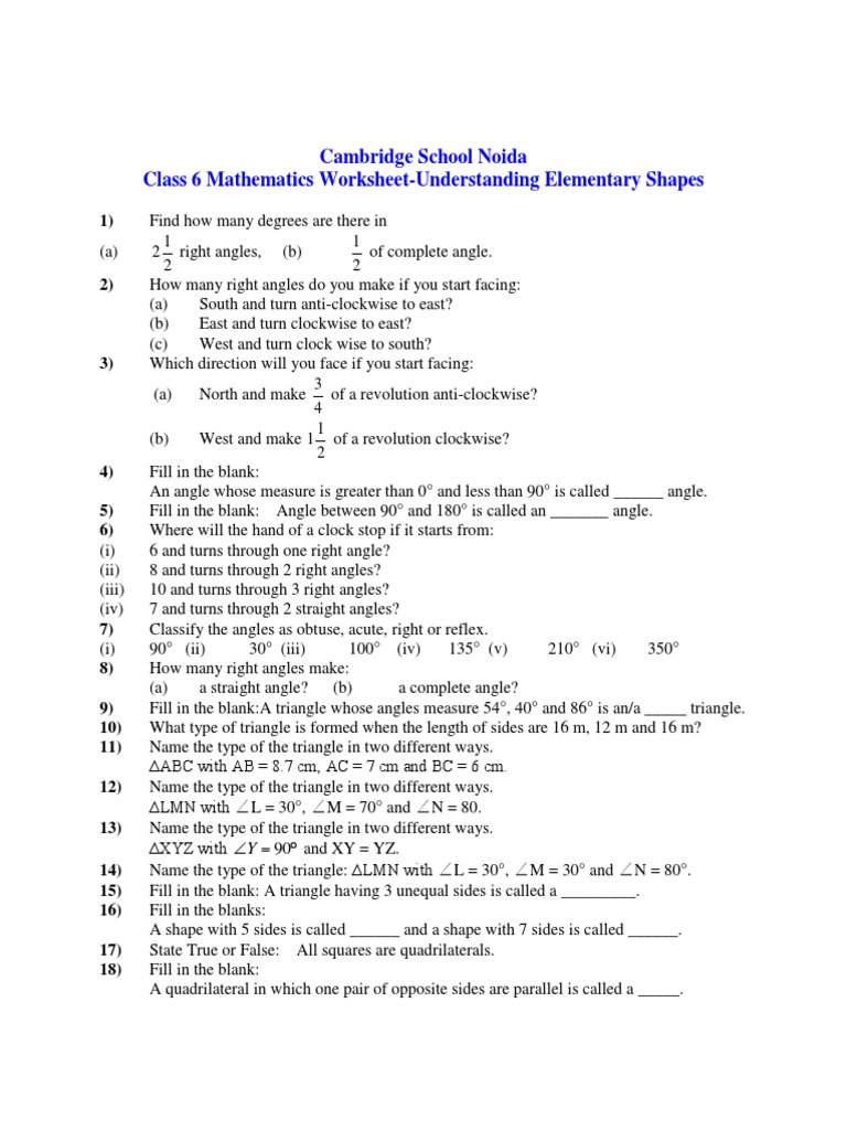 Class 6 Worksheet Elementary Shapes PDF Triangle Angle