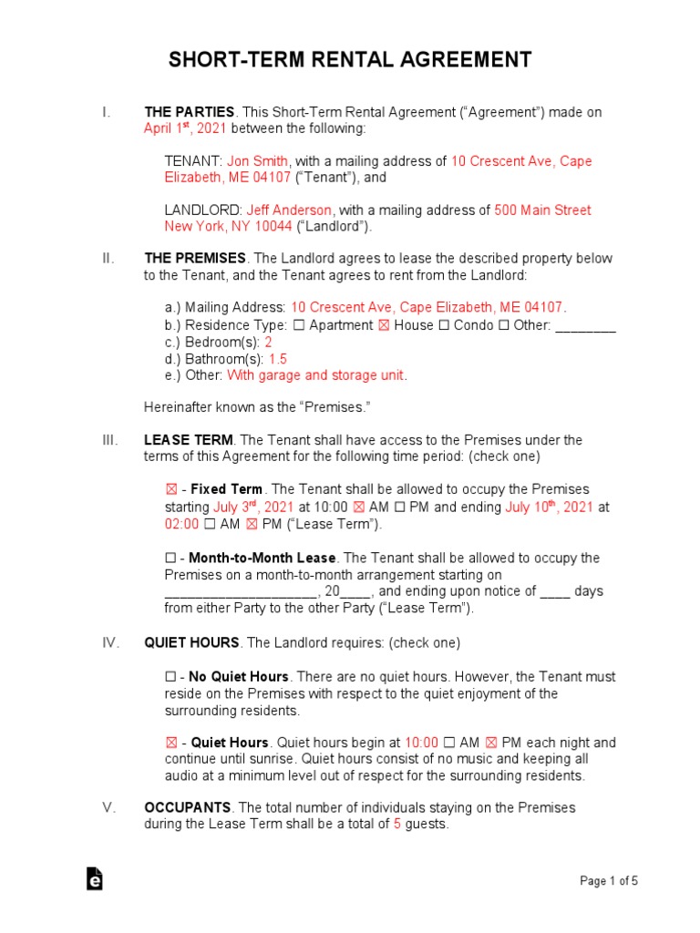 Short-Term Rental Agreement Template | PDF | Leasehold Estate | Landlord