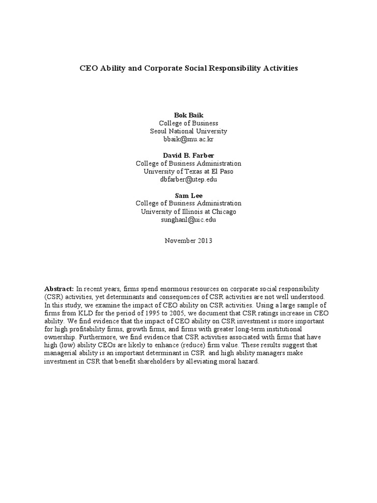 CEO Ability and Corporate Social Responsibility Activities | PDF ...