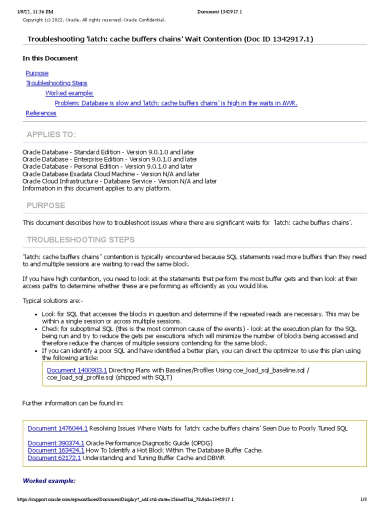 Troubleshooting 'Latch Cache Buffers Chains' Wait Contention (Doc ID 1342917.1) PDF
