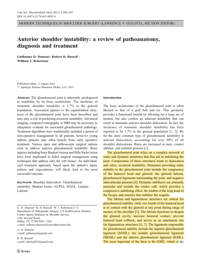 Anterior Shoulder Instability A Review Of Pathoanatomy Pdf Shoulder