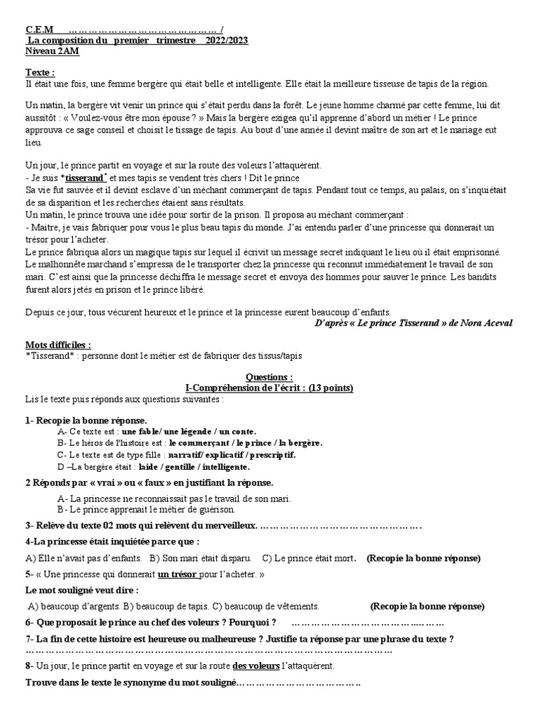 2AM Composition 2022 2023 Prinse Tisserand | PDF | Blanche-Neige