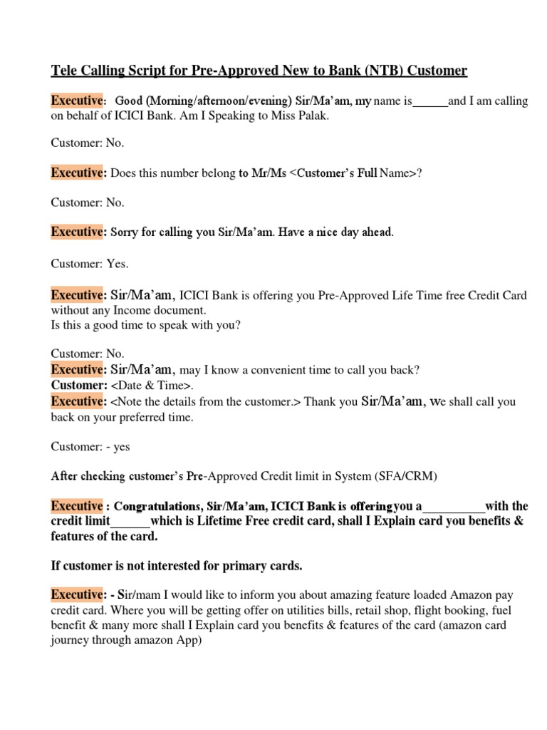 Tele Calling Script For Pre-Approved New To Bank (NTB) Customer | PDF