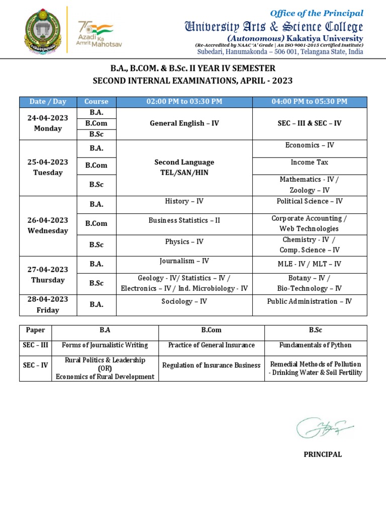 April 2023 Internal Exam Schedule | PDF