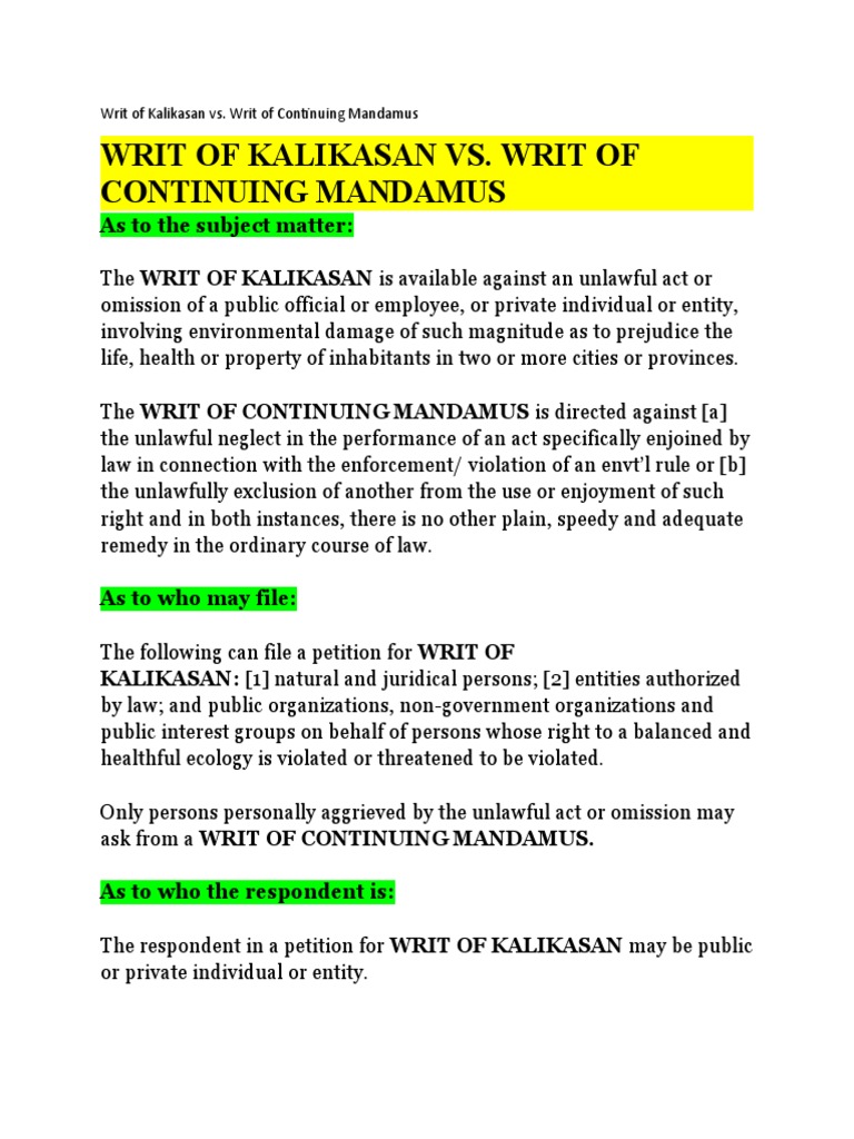 Writ of Kalikasan vs. Continuing Mandamus | PDF | Politics | Law